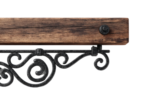 Ornate wooden beam with wrought iron bracket.  Dark, aged wood plank sits atop decorative, curled black iron brackets