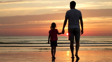Father and daughter holding hands walking on beach at sunset.