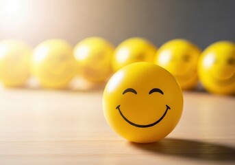 Happy yellow smiley face standing out from the crowd for positivity concept/
878+