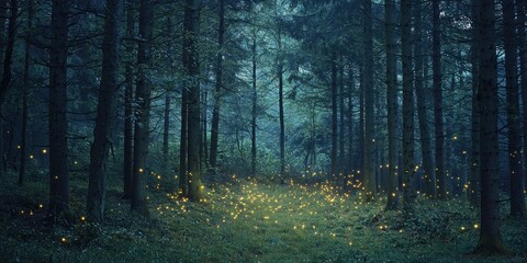 Fototapeta premium A magical woodland at dusk, where fireflies flicker softly among tall trees