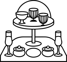 Table with wine glasses and dishes black outline vector and illustration, coloring book page