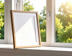 Wooden Frame Mockup on Window Sill with Sunlight and Greenery View.