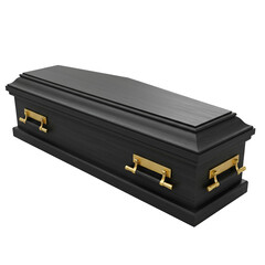 Isolated Black Coffin with Golden Handles Wooden Texture on Transparent Background