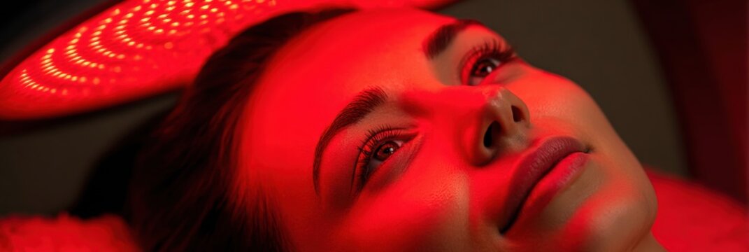 Woman Enjoys Relaxation and Rejuvenation Under Red Light Therapy Lamp for Enhanced Well-Being and Skin Health