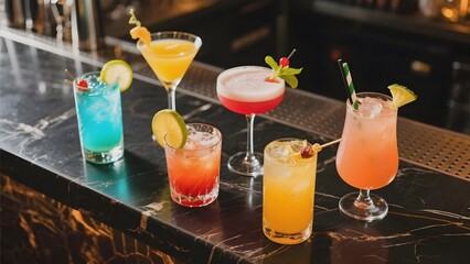 Assorted colorful cocktails garnished with fruits and herbs on a bar counter