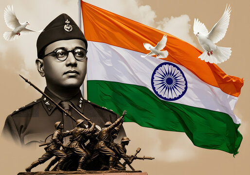 Indian Freedom Fighter Netaji Subhas Chandra Bose with Indian Flag and Pigeons.