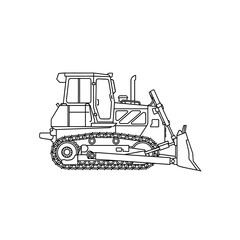 Naklejka premium Line drawing of a powerful bulldozer, a heavy tracked vehicle used in construction and earthmoving projects, shown in profile view with detailed tracks and blade.