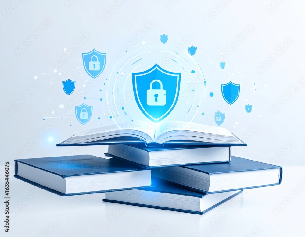 Aufkleber stack of books with open book, illuminated by digital security shield icons.