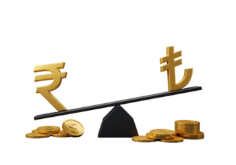 Financial Concept Illustration With Gold Rupee And Lira On Balance