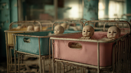 Abandoned hospital cribs with eerie dolls, decaying walls, unsettling atmosphere, vintage style