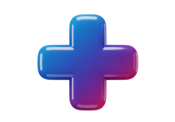 Glossy 3D Plus Symbol with Blue and Purple Gradient on Transparent Background