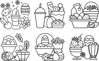 Set of spring holiday food black outline vector and illustration, coloring book page