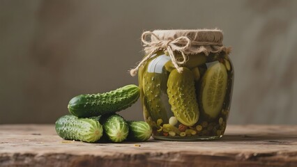 Jar of Pickled Cucumbers with Fresh Cucumbers on a Wooden Surface