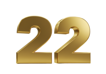 Golden 3D Rendered Number 22 Isolated On Transparent Background