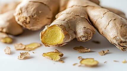 Macro photo of fresh ginger root showing natural irregular shape and skin details, taken with 50mm lens, clean white background with soft lighting