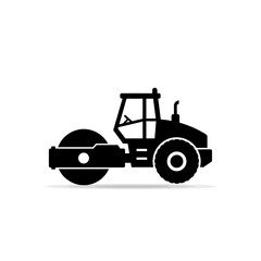Fototapeta premium A black and white graphic depicts a road roller, a construction vehicle used for compacting surfaces like roads and pavements, isolated against a white background.