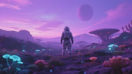 Astronaut exploring a vibrant alien landscape under a purple sky with glowing flora.