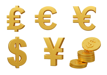 Gold Currency Symbols on Transparent Background Digital Illustration