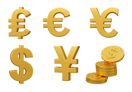 Gold Currency Symbols on Transparent Background Digital Illustration