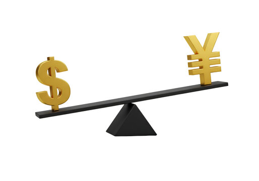 Gold Dollar Symbol and Yen Symbol Balancing on Seesaw Illustration