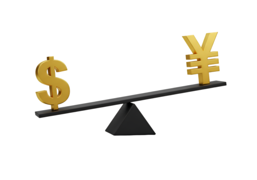 Gold Dollar Symbol and Yen Symbol Balancing on Seesaw Illustration