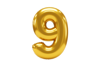 Gold Number 9 Balloon Isolated On Transparent Background Rendering