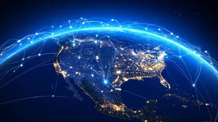 Digital Blue Earth Globe Network Connections Over North America at Night Telecommunications and Worldwide Data Transmission - Powered by Adobe