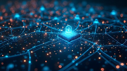 Futuristic Network: Glowing Node with Connected Lines and Bokeh Lights