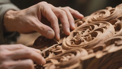 Craftsman meticulously carving intricate floral patterns into wood