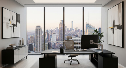 Sleek modern executive office in a skyscraper with a panoramic window view of the downtown city skyline.