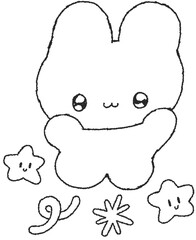 별 장식과 함께 있는 귀여운 토끼 캐릭터 흑백 손그림