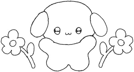 꽃과 함께 있는 귀여운 강아지 캐릭터 선 드로잉