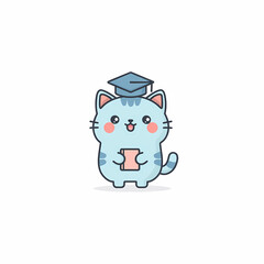 Fototapeta premium Graduation Cat: A cute cartoon cat wearing a graduation cap and holding a book ready for scholarly pursuits Congratulations kitty!