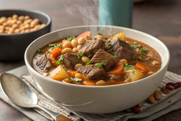 Beef stew with vegetables and beans in ceramic bowl