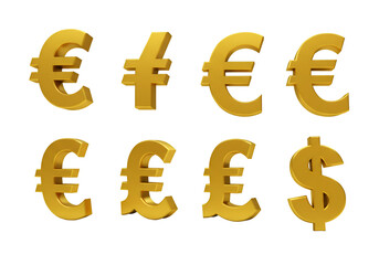 Gold Euro and Dollar Currency Symbols on a Black Isolated Background