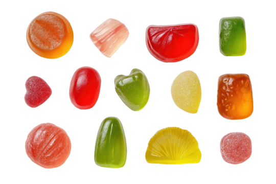 Assorted colorful jelly candies in various shapes