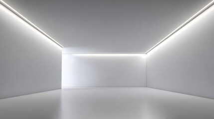 Bright minimalist room, LED lighting, white walls, empty space, modern interior design, product display