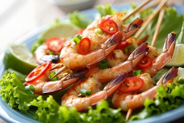 Delicious grilled shrimp skewers with fresh lettuce and lime wedges served on a plate