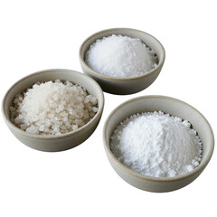 Isolated Photo of Three Bowls of Different Salt Types on Transparent Background