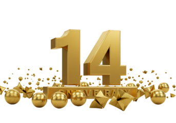 Golden 14th Anniversary Celebration Illustration with Gold Spheres and Glittering Shapes