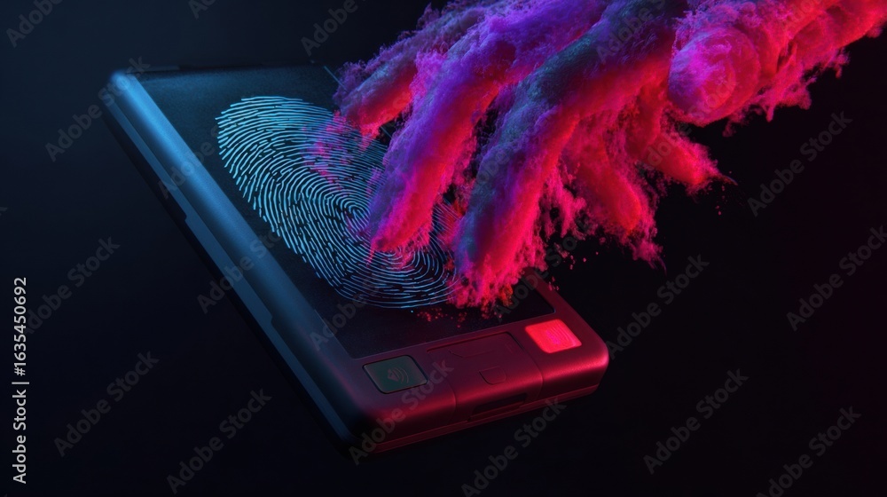 Poster conceptual representation of biometric security with fingerprint scanning on a smartphone showcasing