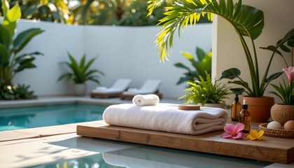 a tranquil outdoor spa setting with a large swimming pool, surrounded by lush greenery and sunlit patio furniture.