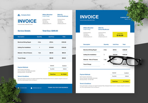 Blue And Yellow Electrician Invoice