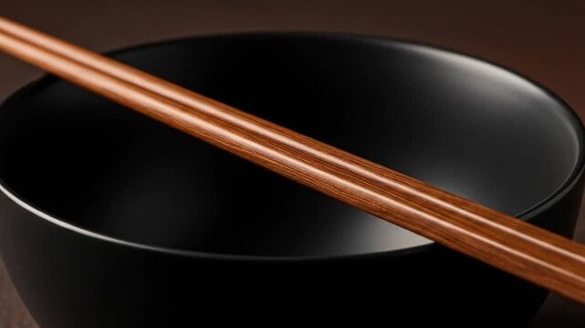 Close Up of Brown Chopsticks Resting Atop a Sleek Black Bowl Set Against Dark Textured Surface Food Presentation