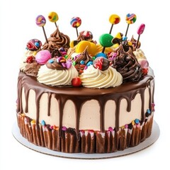 chocolate mousse cake decorated with cartoon cupcakes, candies, and playful drizzle designs on a white background