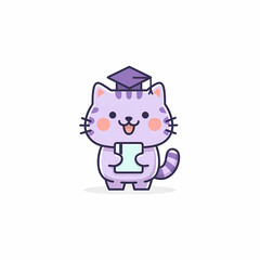 Naklejka premium Graduation Kitty: Celebrating academic achievements with a cute cartoon cat wearing a graduation cap and holding a diploma
