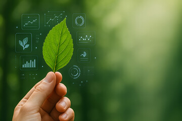 Hand Holding Green Leaf with Holographic Data Analysis Interface