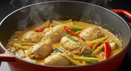 Steaming Chicken Curry in Red Pot with Bamboo Shoots and Chili