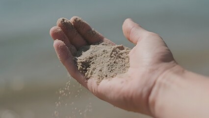 Hand holding and letting sand slip through fingers against a blurred beach background
