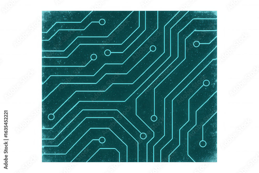 Poster close-up of glowing cyan circuit board pattern on a teal textured background with transparent backgr
